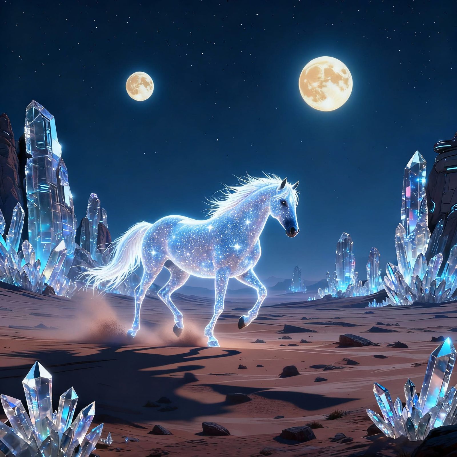 Starlight Horse on Alien Desert with Two Moons