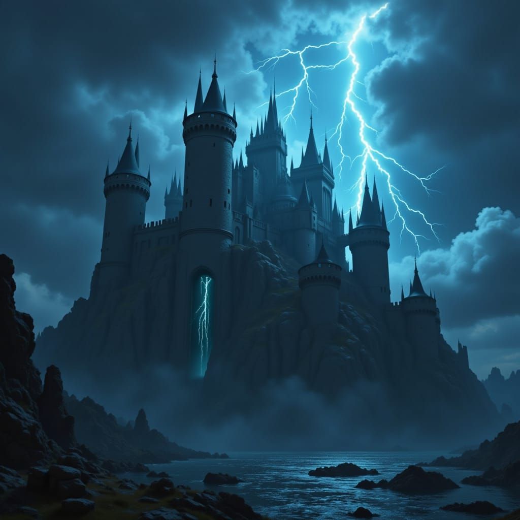 Black Stone Castle Amidst Storm Clouds