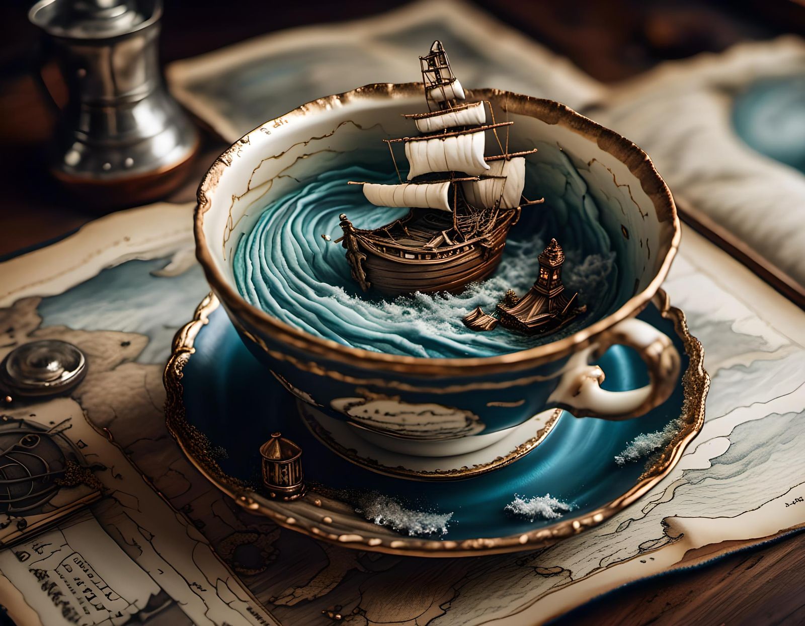 Stormy Ocean Scene Inside Teacup with Pirate Ship