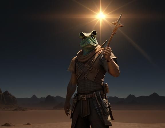 Bullywug Desert Spellcasting in 3D Game Cinematic Style