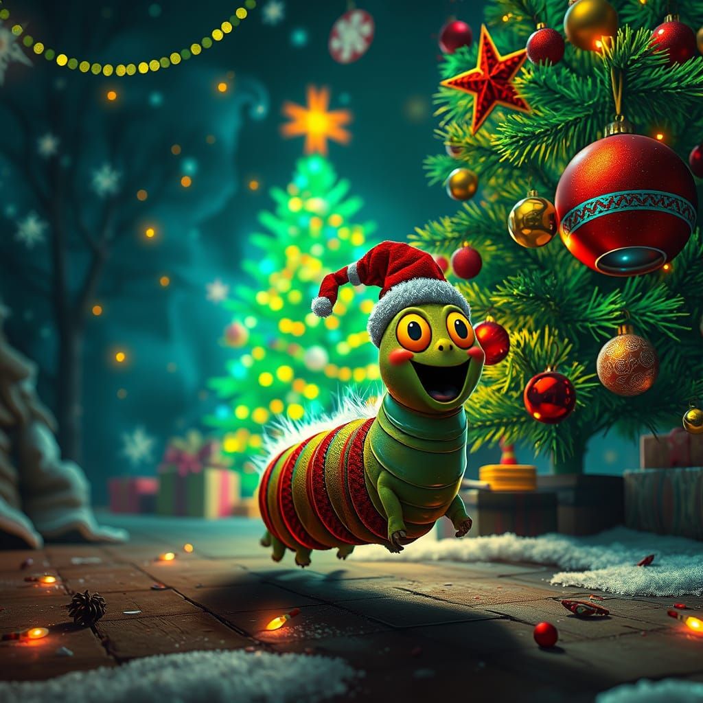 An excited caterpillar runs to the Christmas tree on Christmas morning amidst a fusion of Tim Burton's eerie fantasy, Sy...