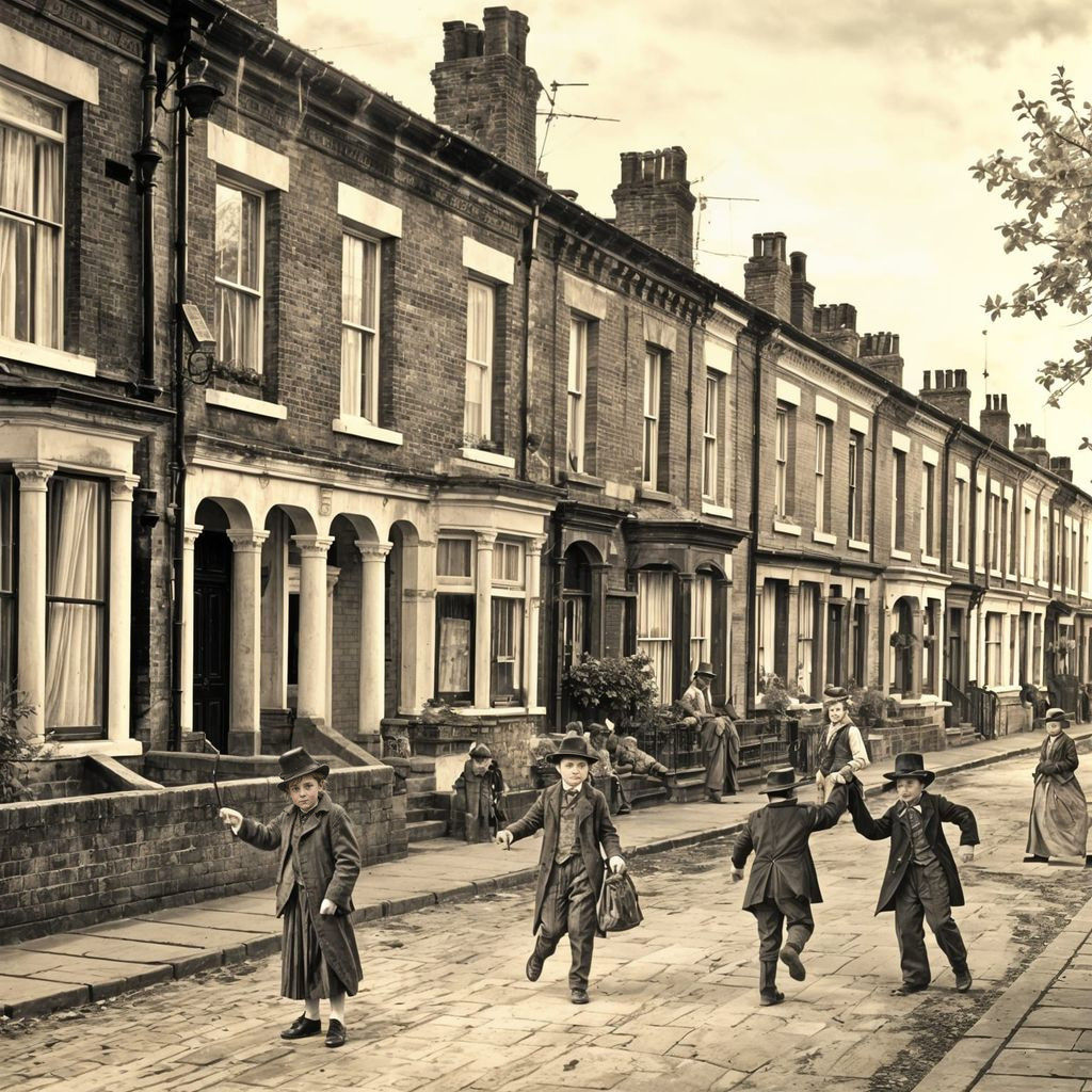 Victorian Era Street Scene with Working Class Children at Pl...