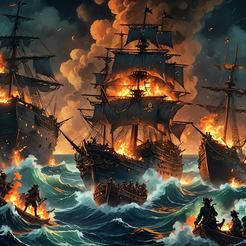 Pirate Ship Ablaze: Anime Style Fantasy Art