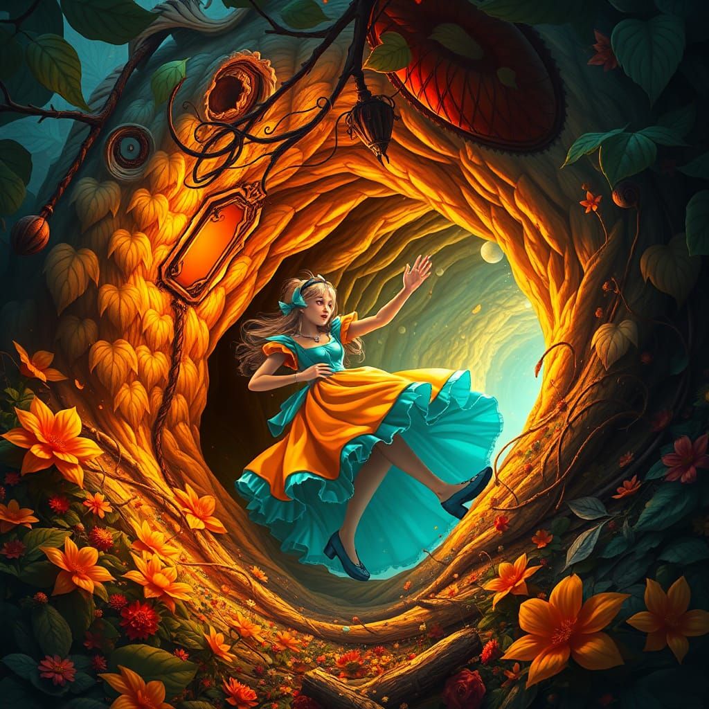 Alice's Descent: A Whimsical Art Nouveau Fantasy