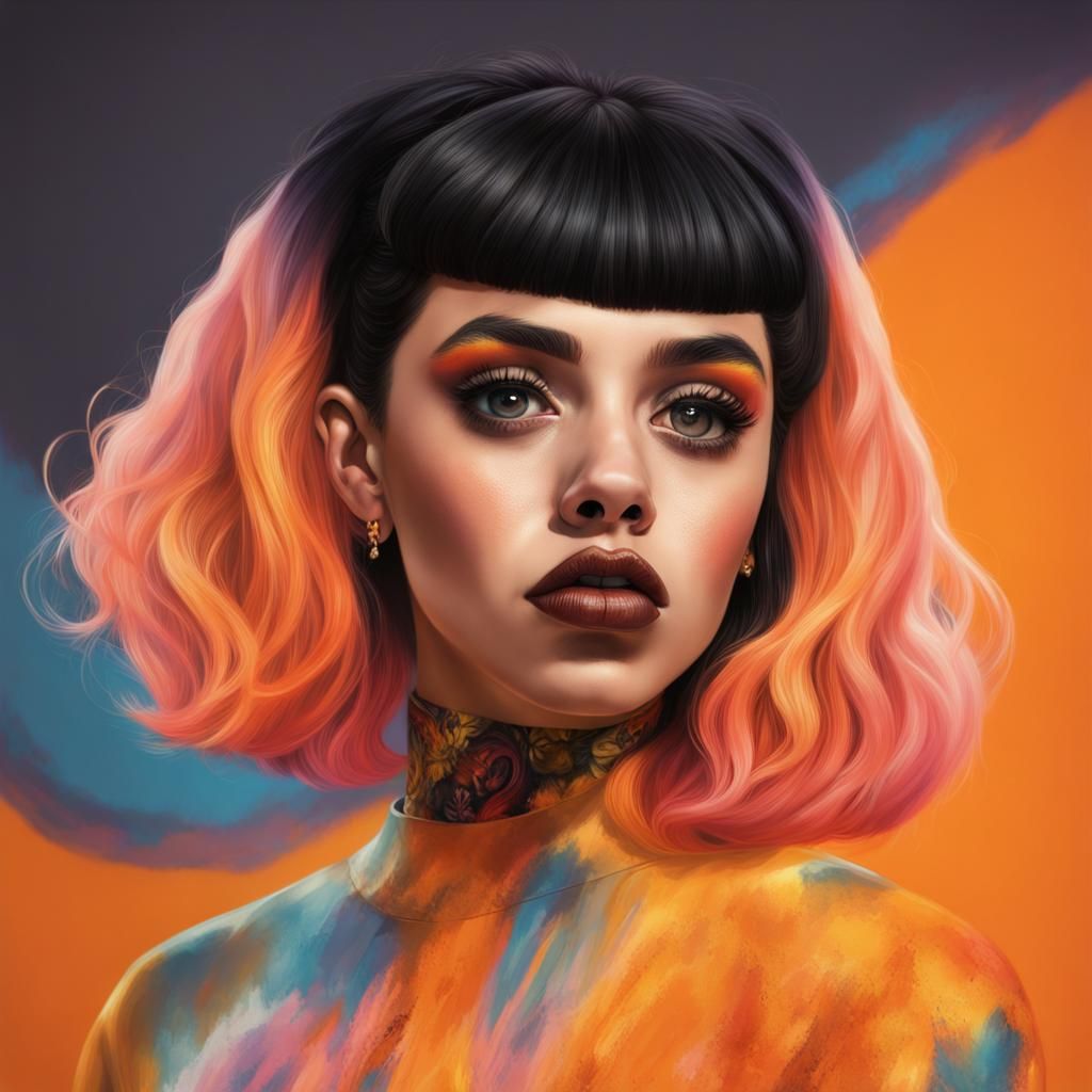 Hyperrealistic Portrait with Split-Dye Hair in Splash Art