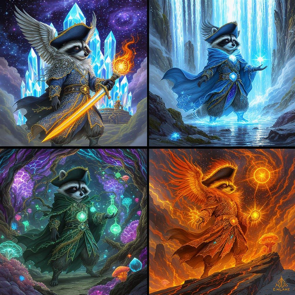 Four-panel surreal artwork: A raccoon pirate transforms acro...