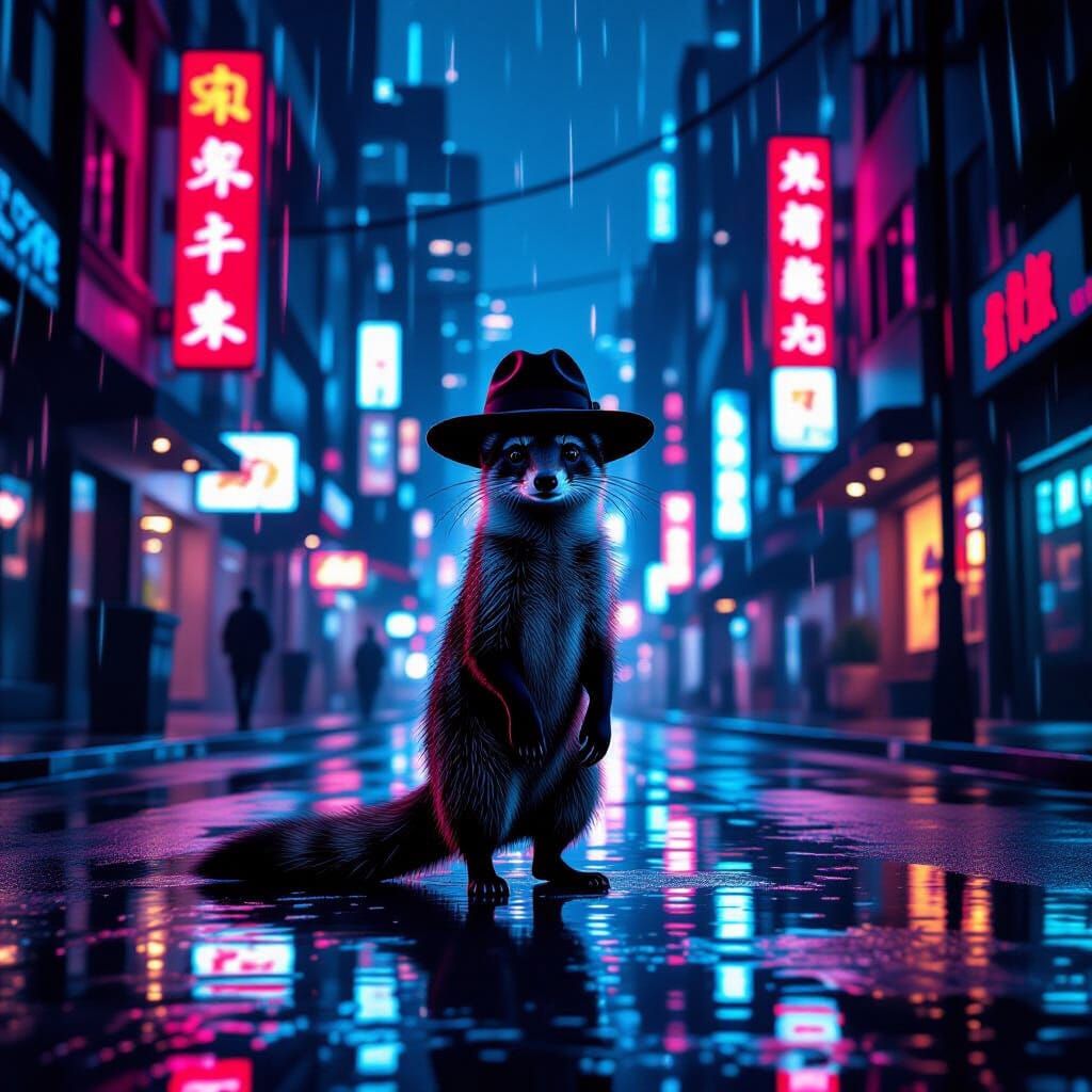 Mongoose in Fedora on Cyberpunk Street, Stylized Illustratio...