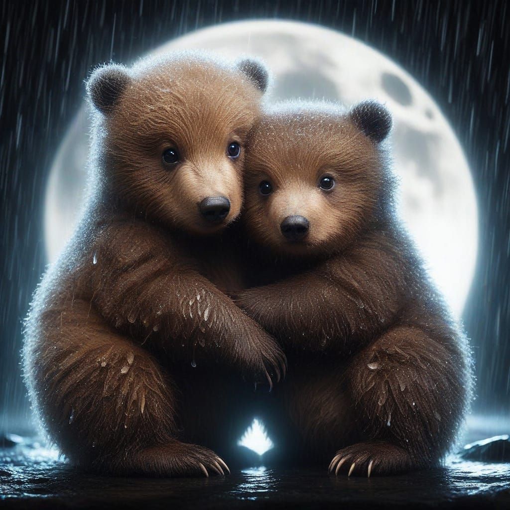 Concerned Baby Bear Under Midnight Rain