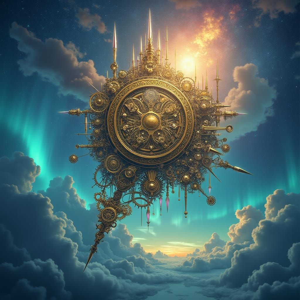 Celestial Clockwork in Aurora Sky