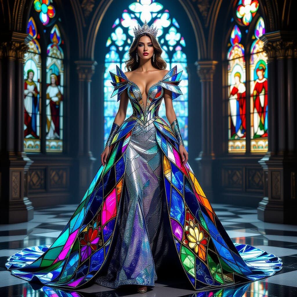 Regal Queen in Shimmering Stained Glass Dress