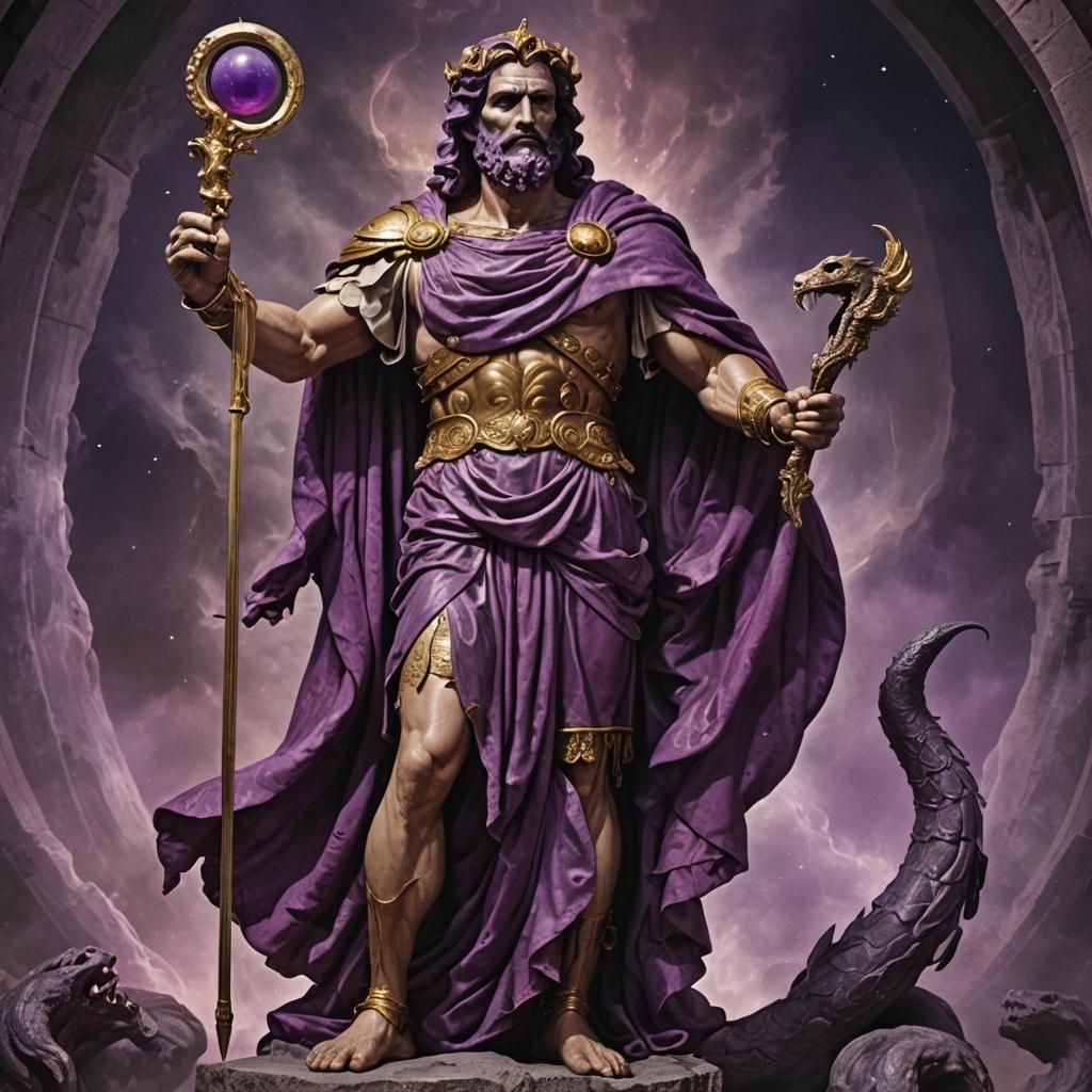 The Roman deity Pluto, god of the underworld. He stands tall, adorned in regal purple and Crimson attire, with a menacin...