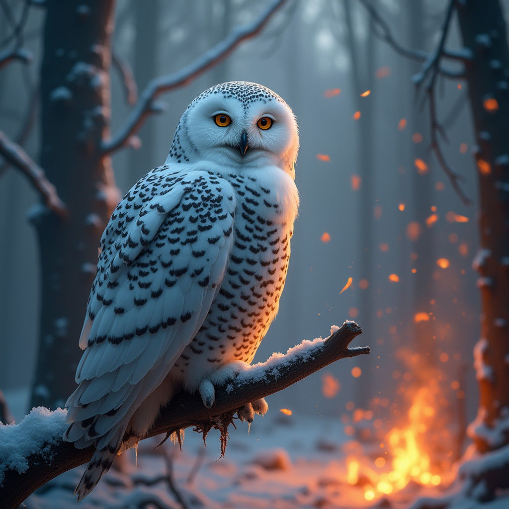 Snow Owl in Fiery Forest, Matte Painting