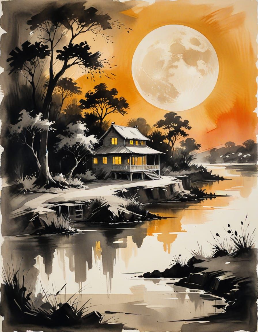 Bahamian River House Under Full Moon in Golden Hour Ink Wash