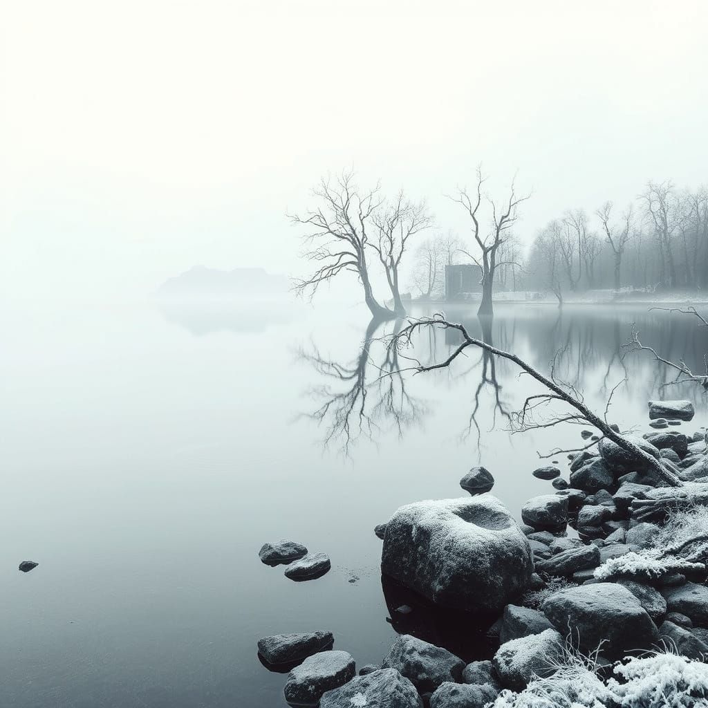 Ethereal Lake Veilmir in a Haunting, Dreamlike Landscape