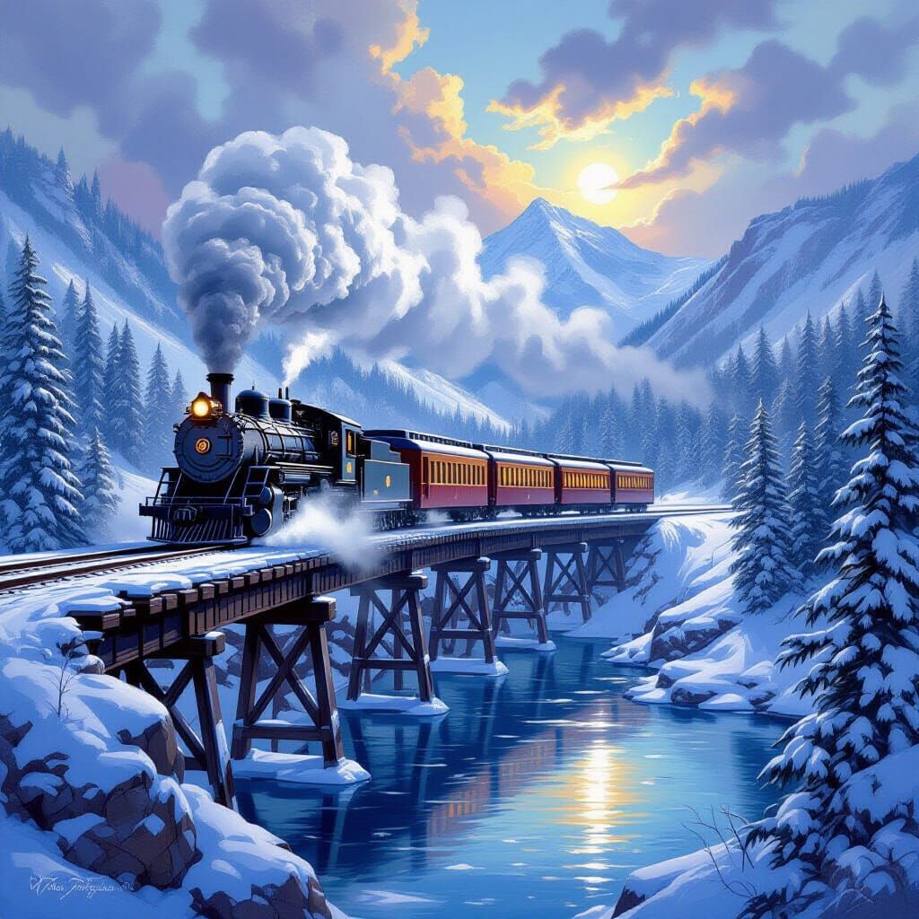 Vintage Train Crosses Snowy Trestle Bridge in Impressionisti...