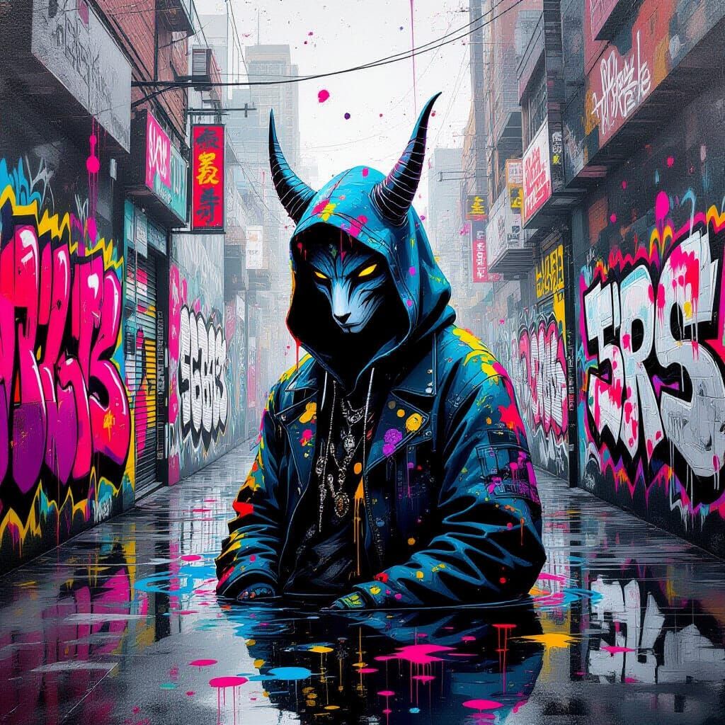 Mystic Creature Amidst Vibrant Street Art