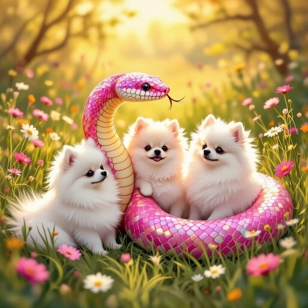 Pink Snake Plays With Pomeranians in Golden Hour Meadow