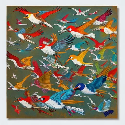 Colorful Birds in Flight: An Art Brut Wall Painting