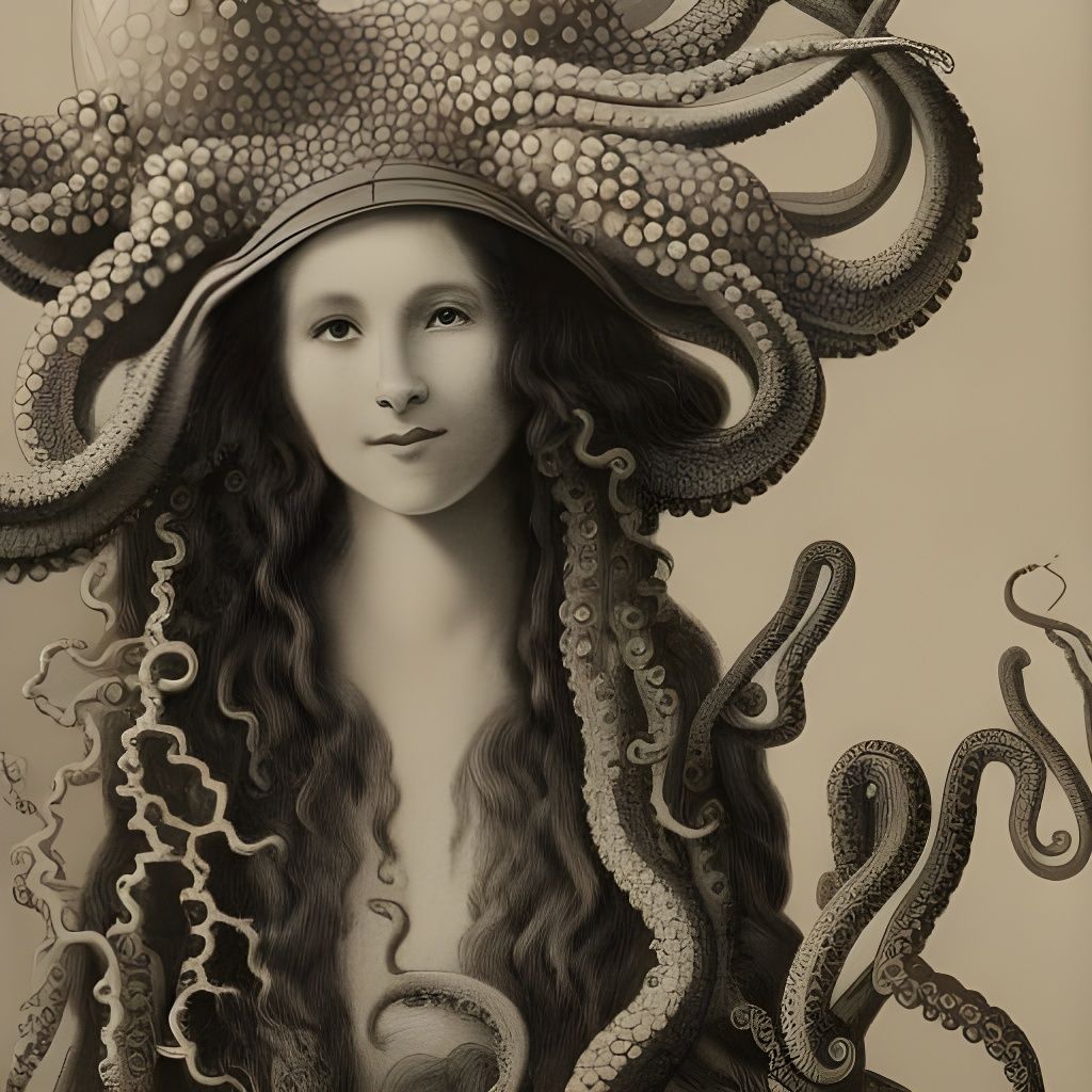 Girl in Octopus Hat, Haeckel Style Illustration