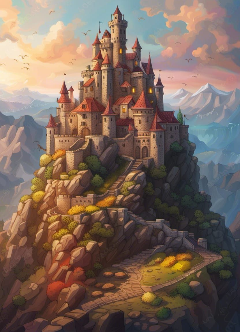 Hyperrealistic Castle on Mountain Top