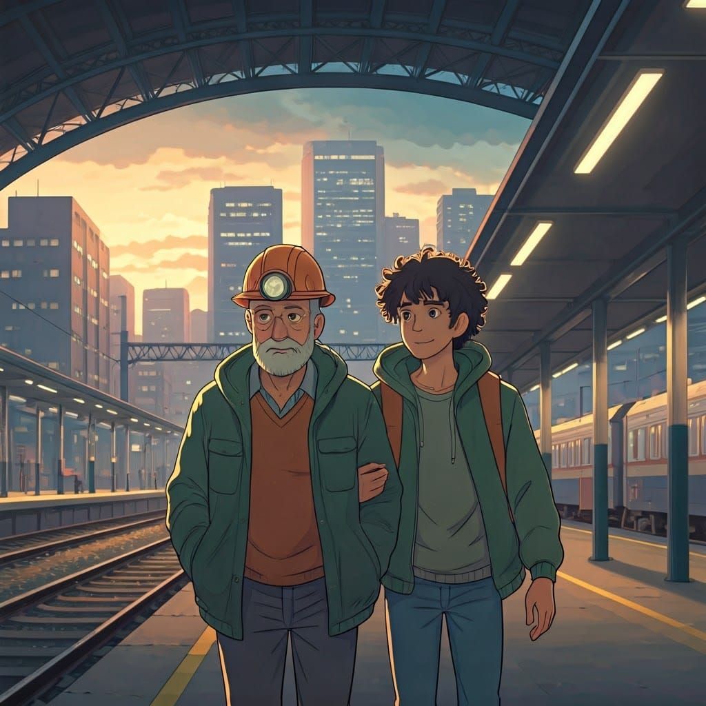 Geologist and Son at Dawn, Ghibli-Inspired