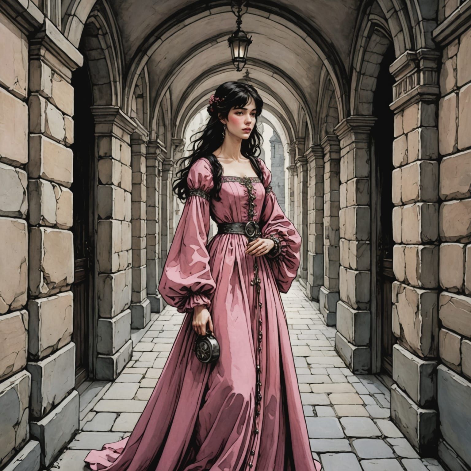 Medieval Woman in Pink Gown in Stone Corridor