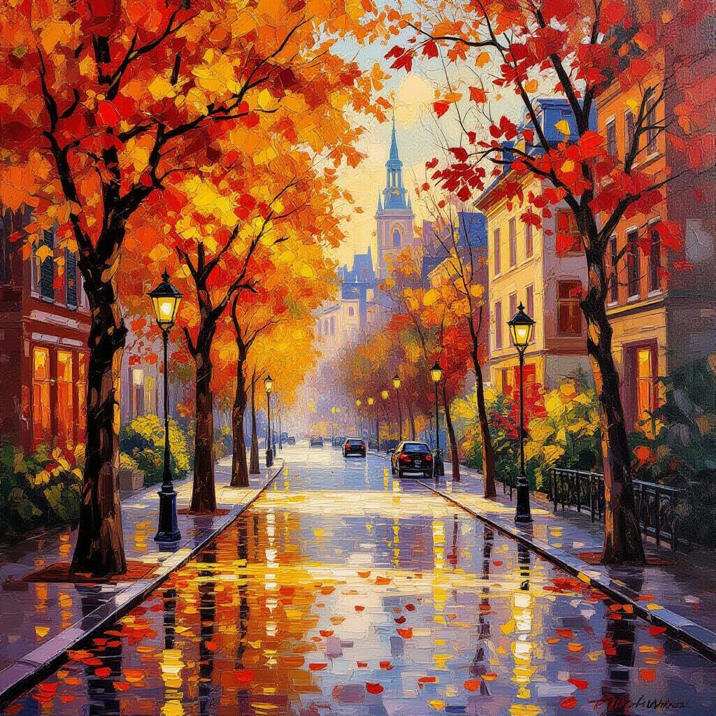 Autumn Forest in Cityscape Oil Painting