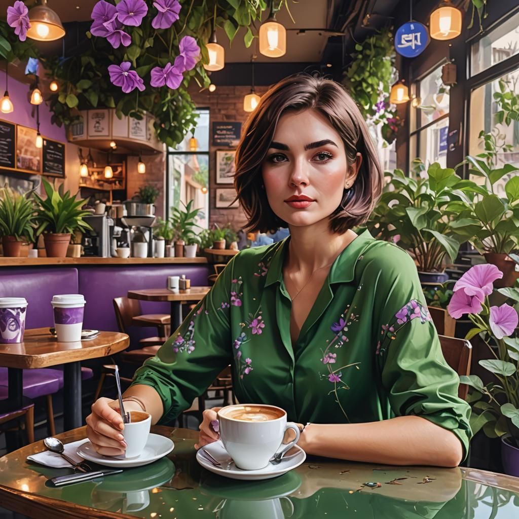 Stylish Woman in 80s Cafe, Matte Painting