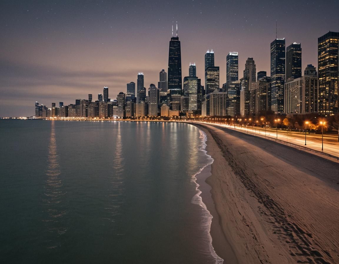 Chicago Skyline at Night: Hyper-Realistic Lakefront View