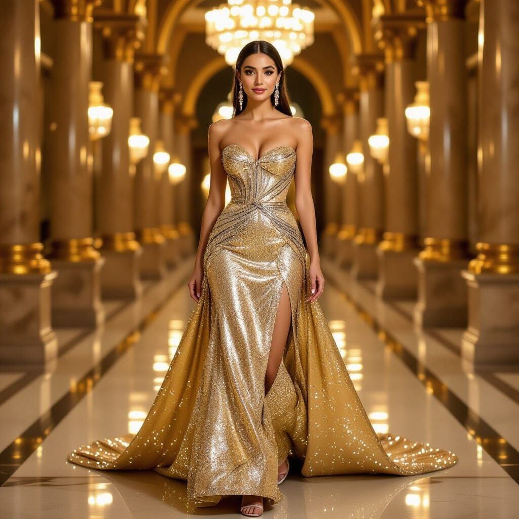 Elegant Persian Woman in Glistening Gold Gown in Royal Palac...