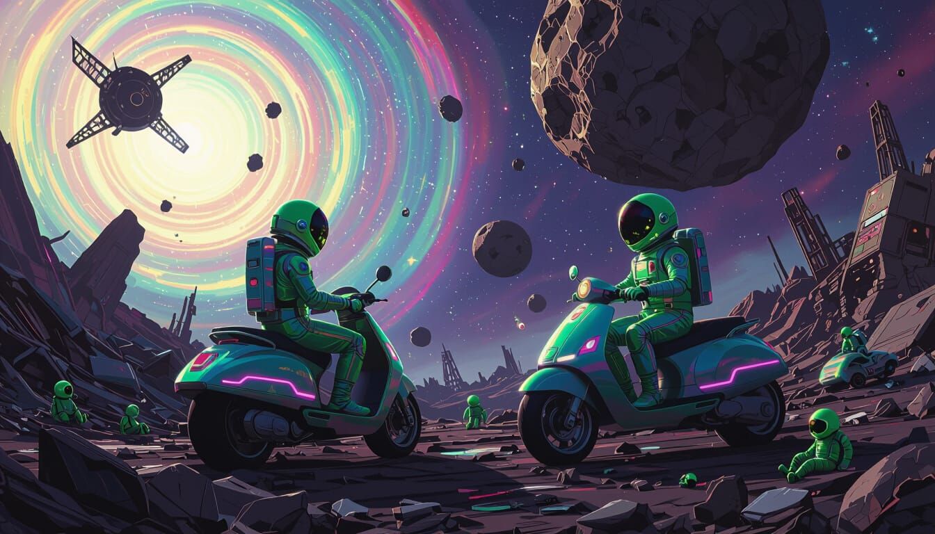 Little Green Men on Space Scooters Among Stars