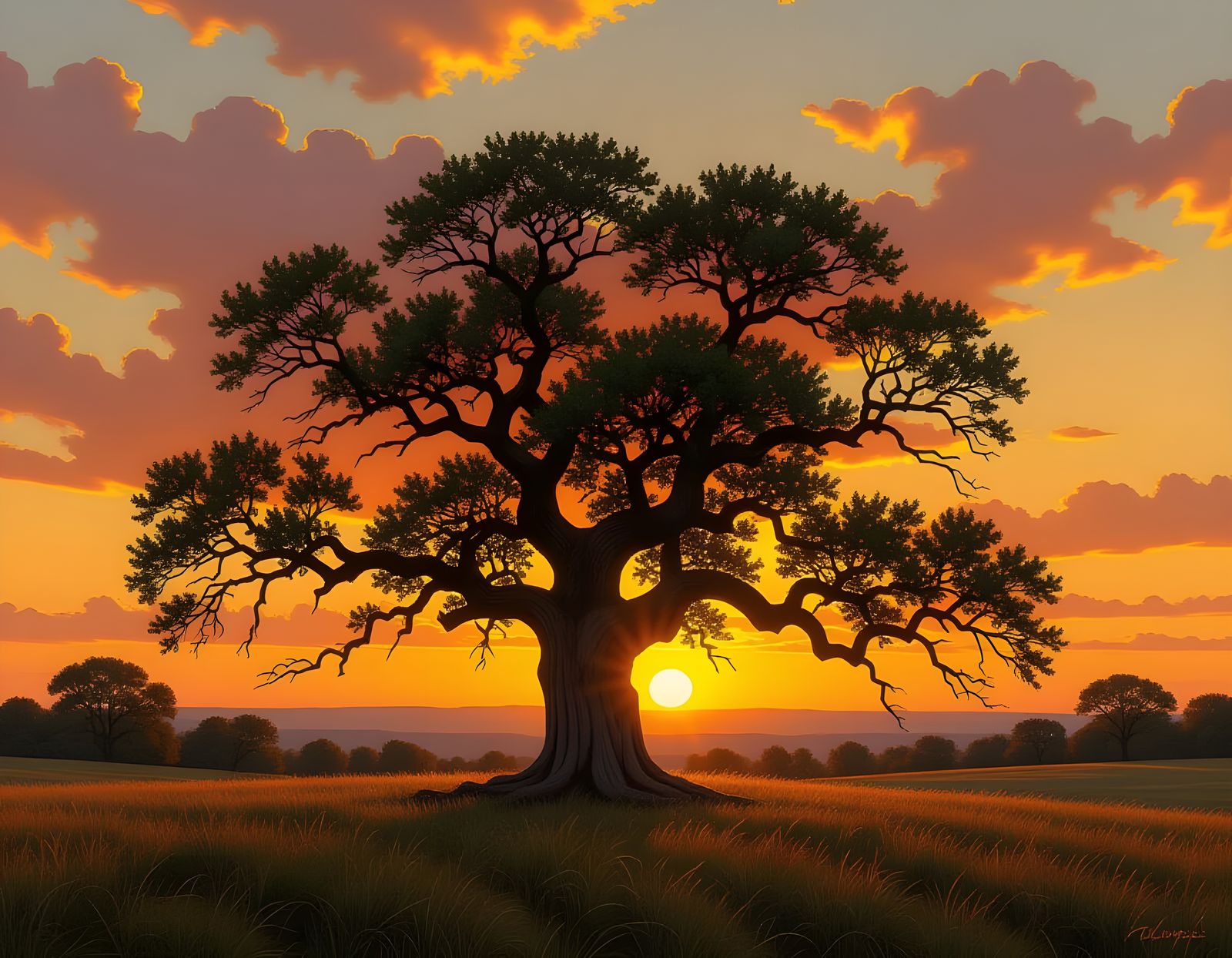Majestic Oak Tree at Fiery Sunset Landscape Painting