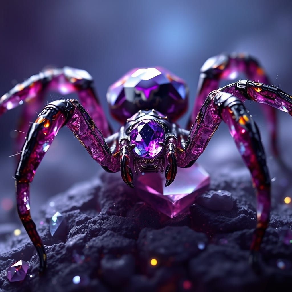 Vibrant Amethyst and Sapphire Spider in Deep Fantasy Landsca...
