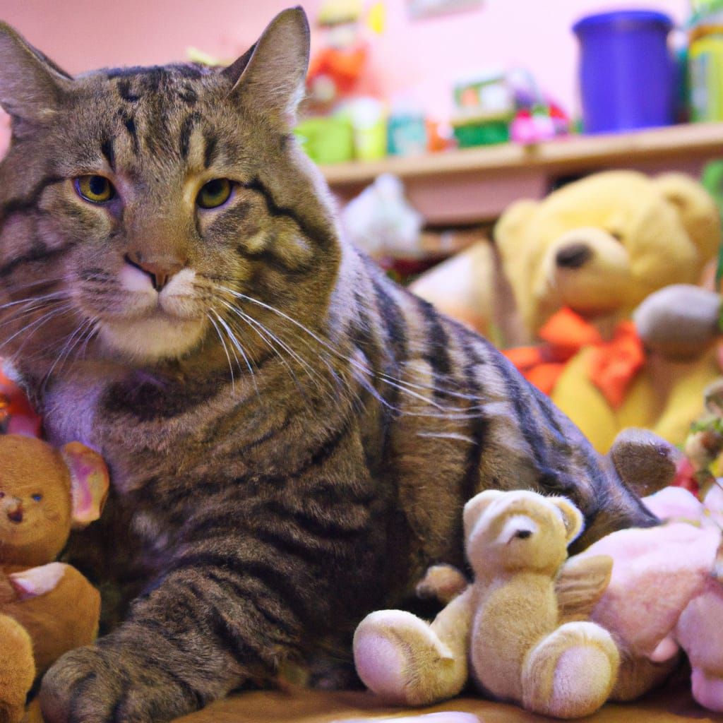 American Bobtail Cuddling Teddy Bear in Toy Room