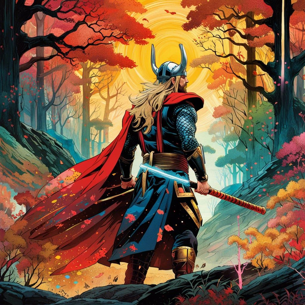 Thor as Samurai in Watercolor Style