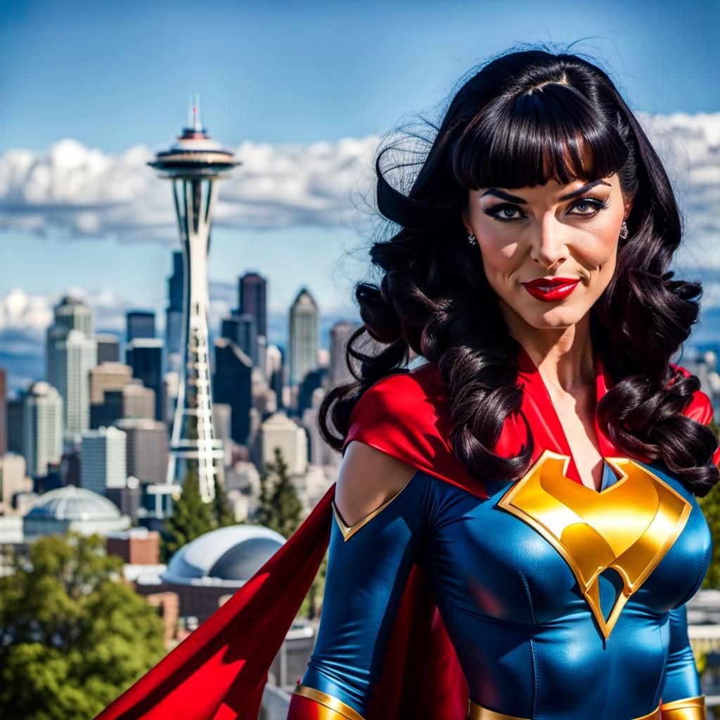 Superheroine Poses in Front of Seattle Skyline