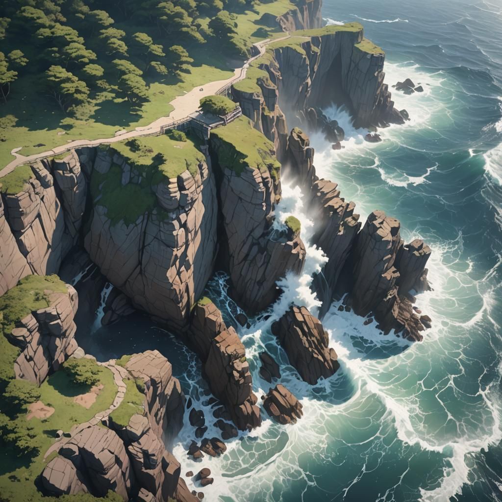 Anime-Inspired Cliffside Wave Scene in 3D