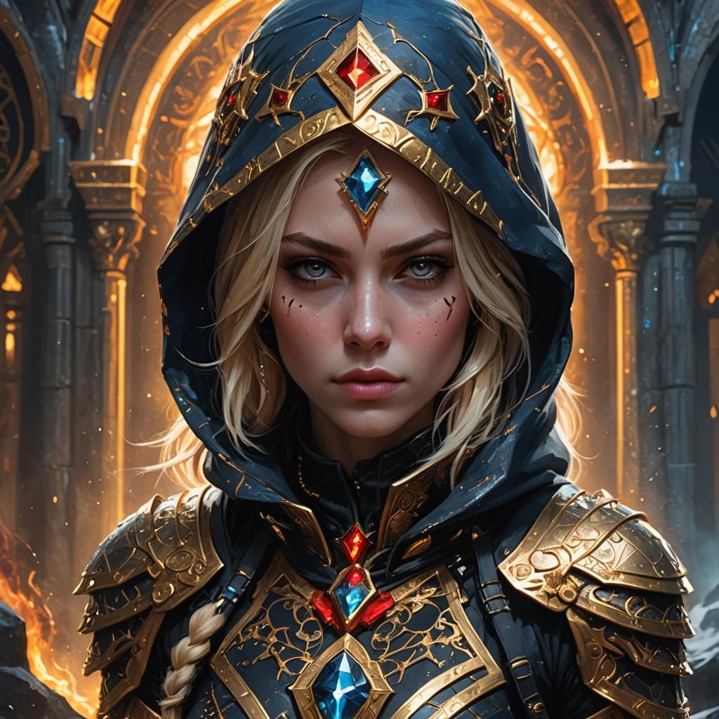 Female Assassin in Cold Stone Temple, Digital Art