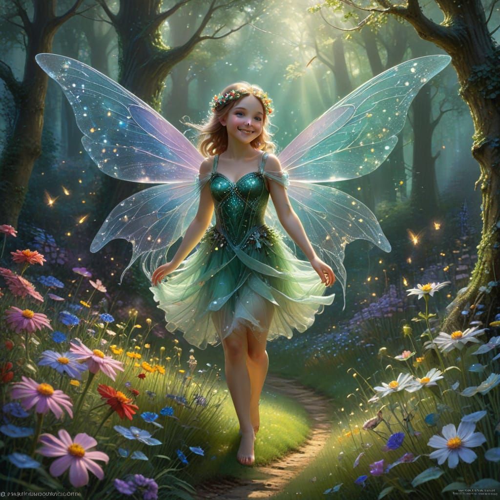 Whimsical Fairy Child in Vibrant Garden Scene