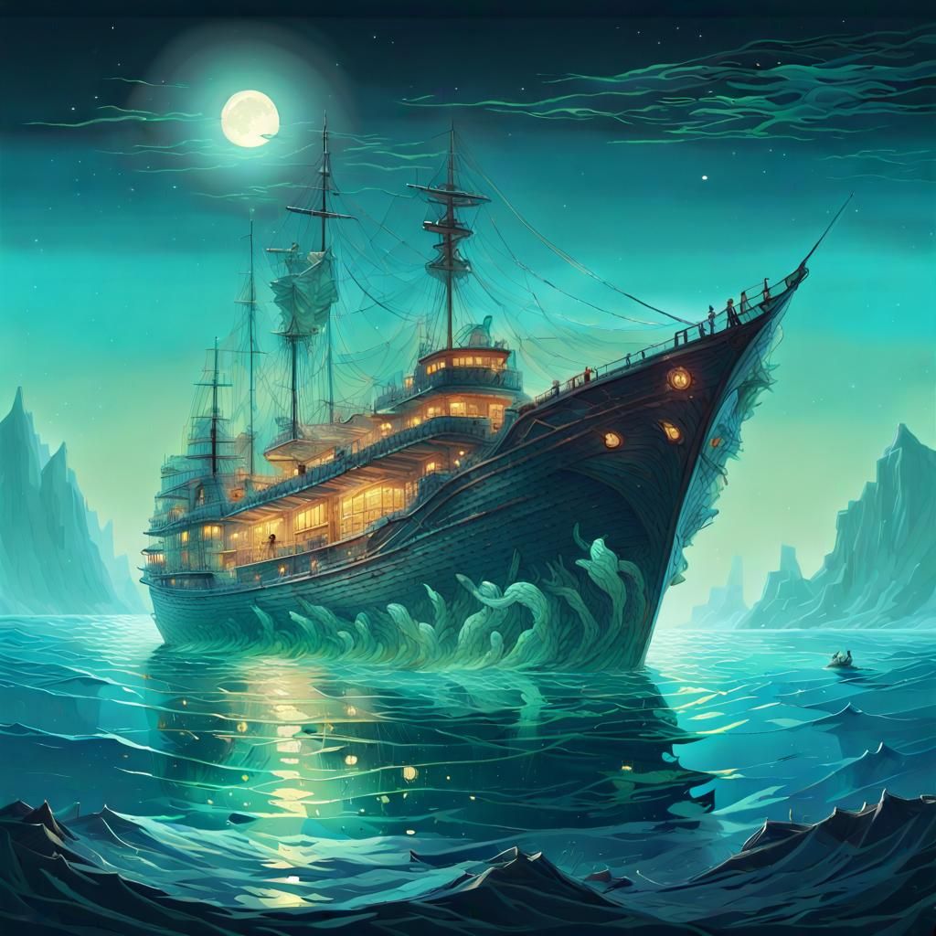 Moonlit Ship Sailing on Crystal Waters in Pixel Art