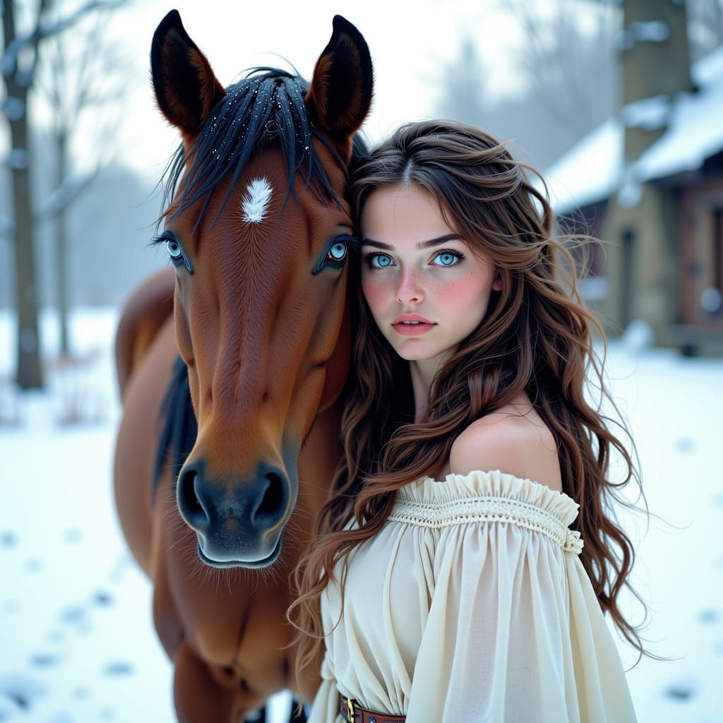 Woman in Snowy Winter Landscape with Majestic Horse