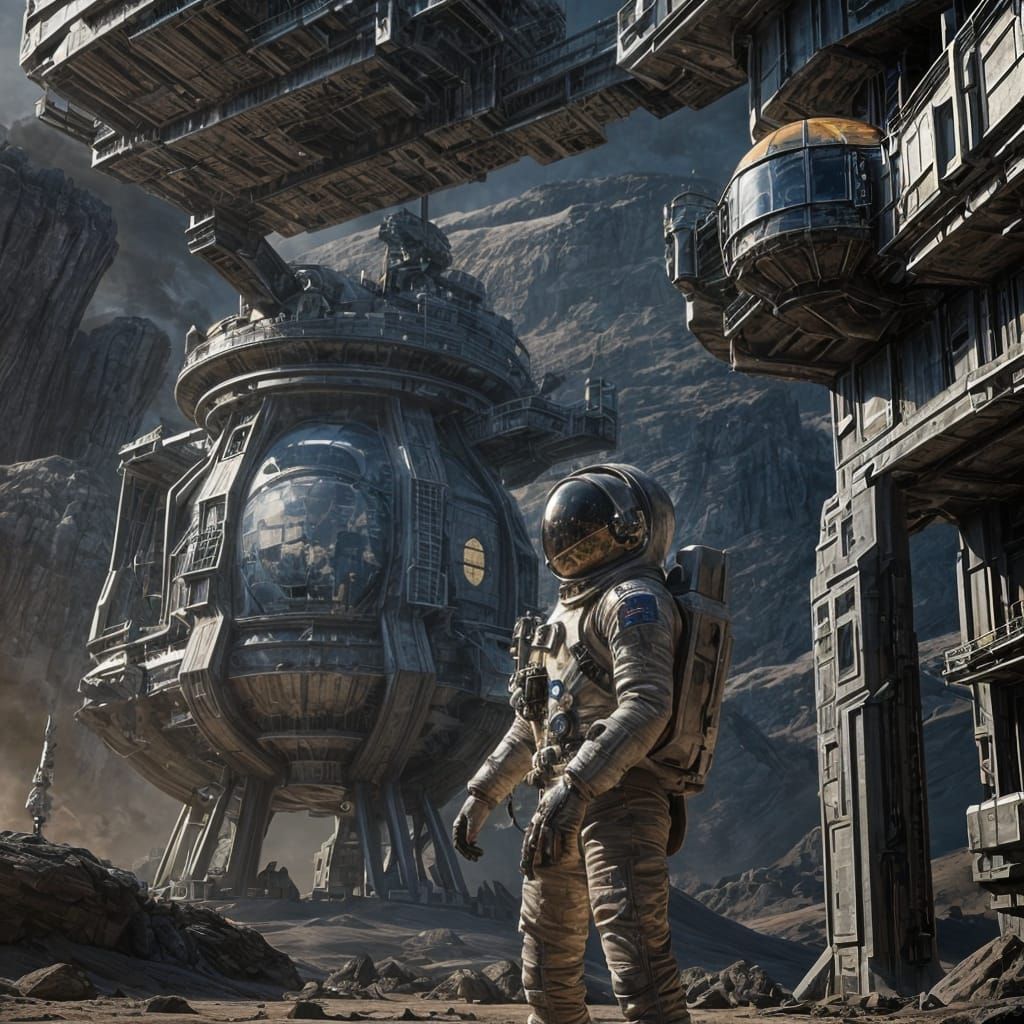 Astronaut Guarding Alien Outpost on Distant Planet