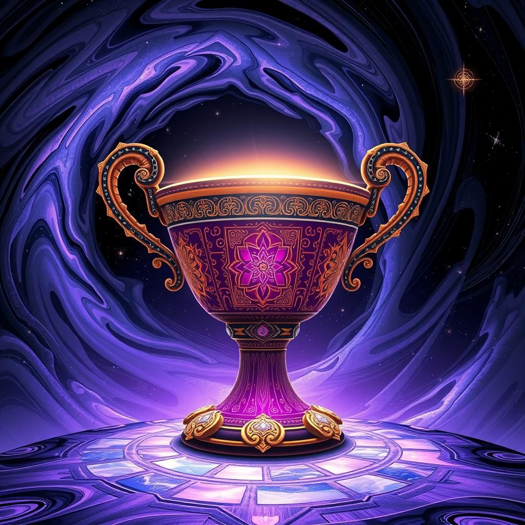 A very large painting of a cup. The predominant colors are b...