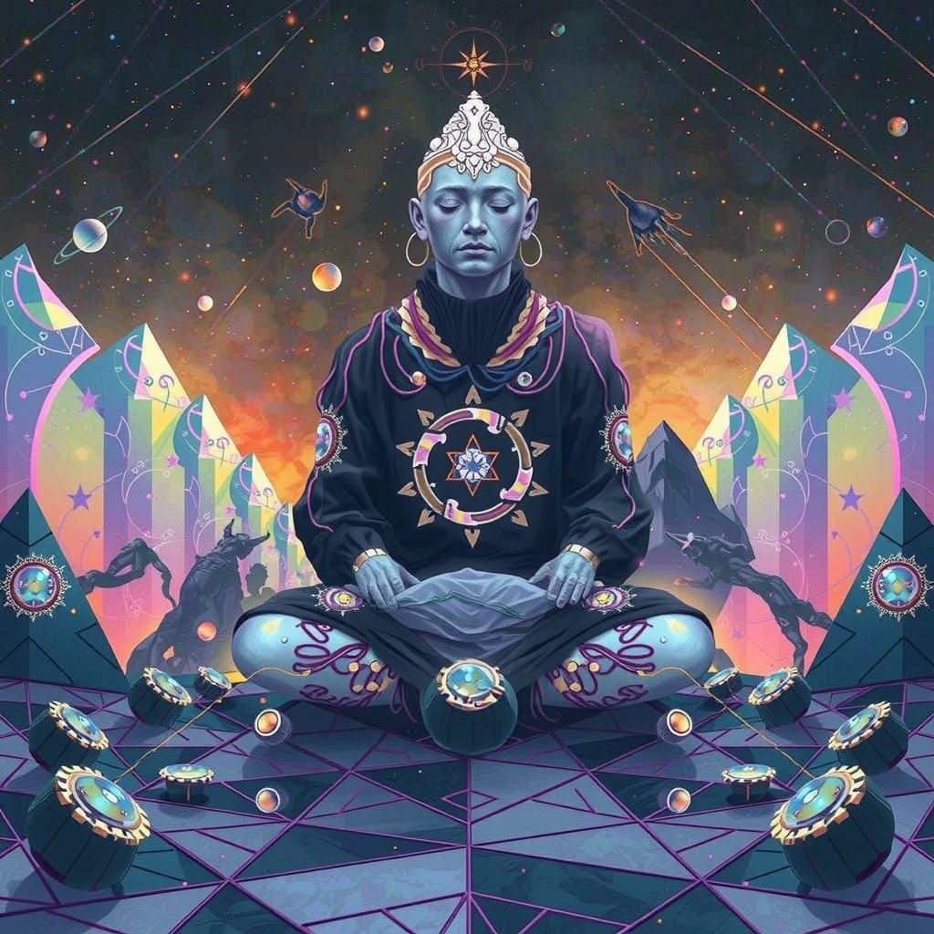 Cyber Seraphim Monk in Psychedelic Cosmic Realm
