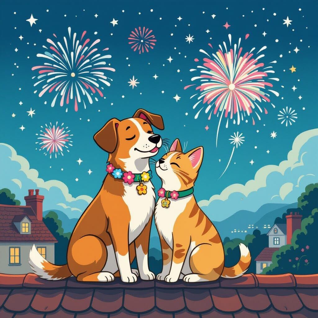 Dog and Cat Watch Fireworks, Folk-Art Style