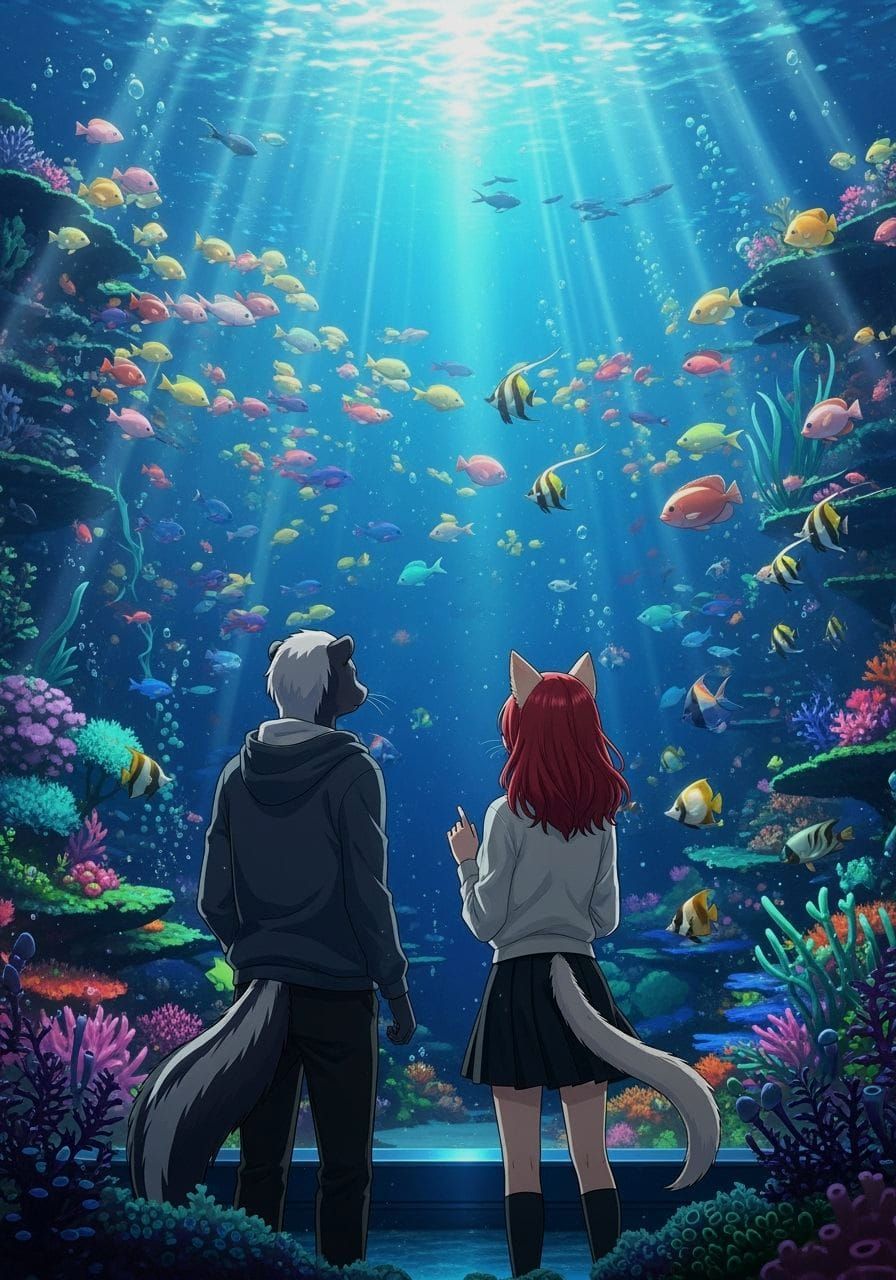 Anime Skunk and Cat Couple at Aquarium
