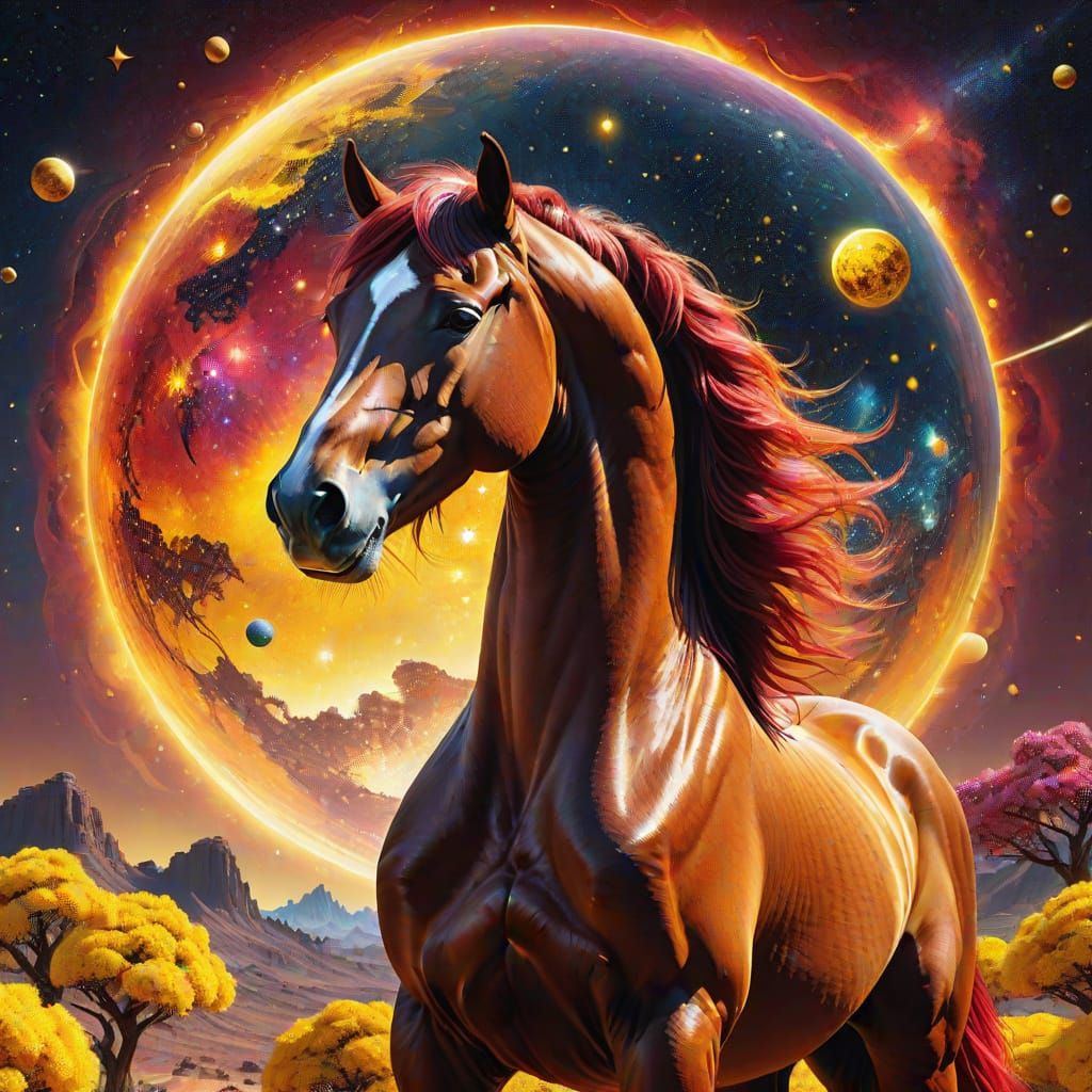 Cosmic Arabian Stallion with Blossoms in Astral Style
