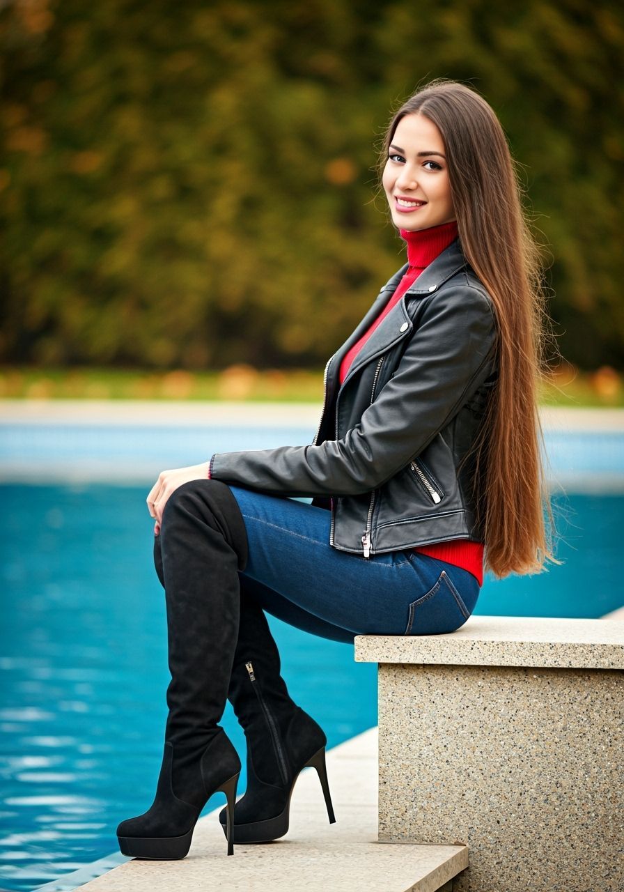 Brunette by Pool in Autumn Attire