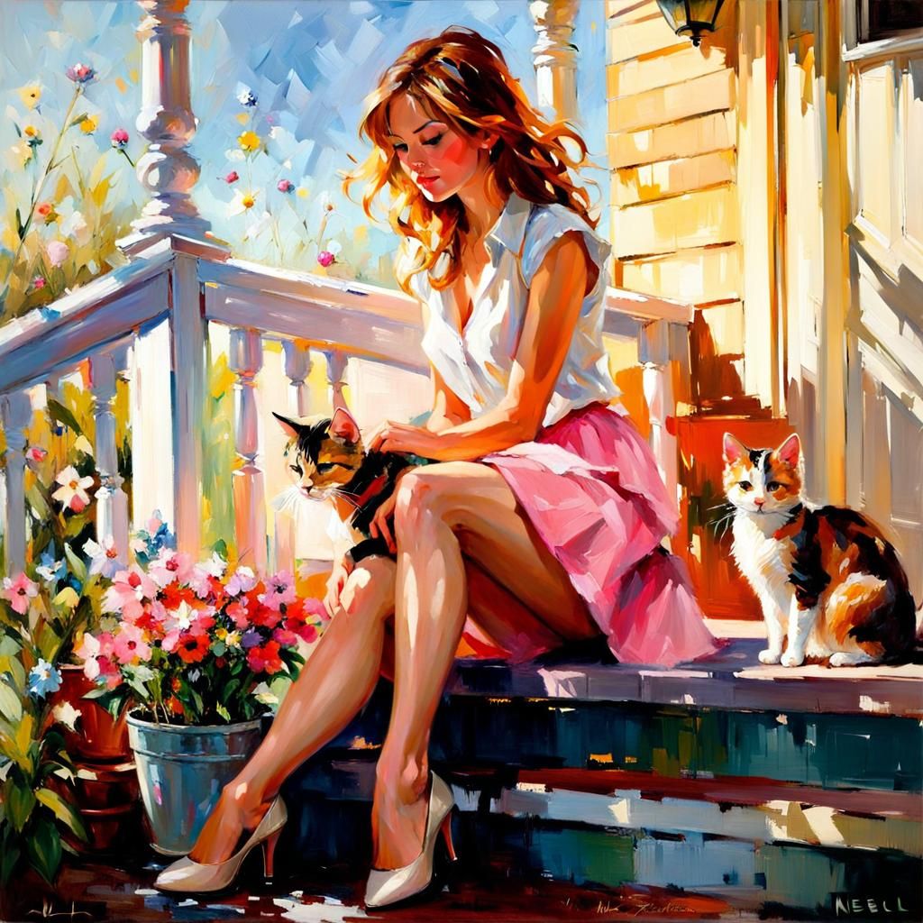 Emma Stone on a Porch: Oil Painting