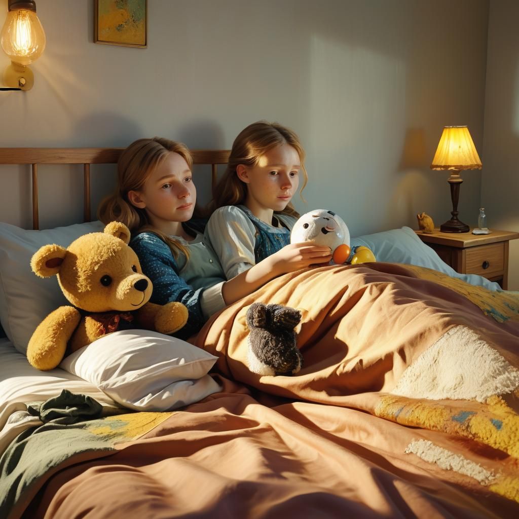 Girl and Teddy Bear in Van Gogh Style